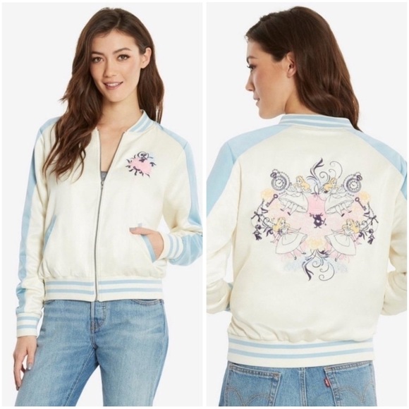 Disney Alice in Wonderland Blue & Ivory Embroidered Satin Varsity Jacket - Picture 1 of 13